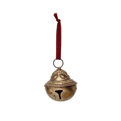 Hello Honey® 5" Gold Embossed Metal Sleigh Bell with Velvet Ribbon