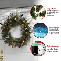 30" Frosted Pine Berry Collection Wreaths with Big White Edged Pine Cones, Red Berries, Silver Glittered Eucalyptus Leaves & Warm White LED Lights