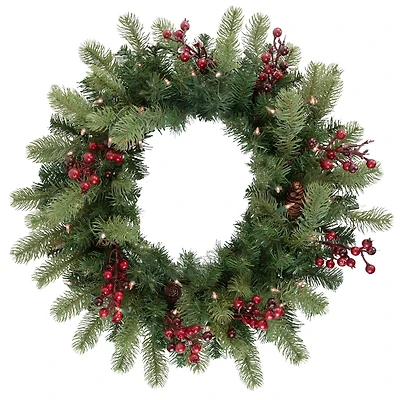 24" Pre-lit Noble Fir with Red Berries & Pinecones Artificial Christmas Wreath