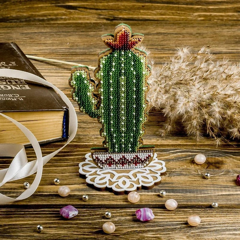 Wonderland Crafts Tall Cactus in Bowl Bead Embroidery on Wood Kit