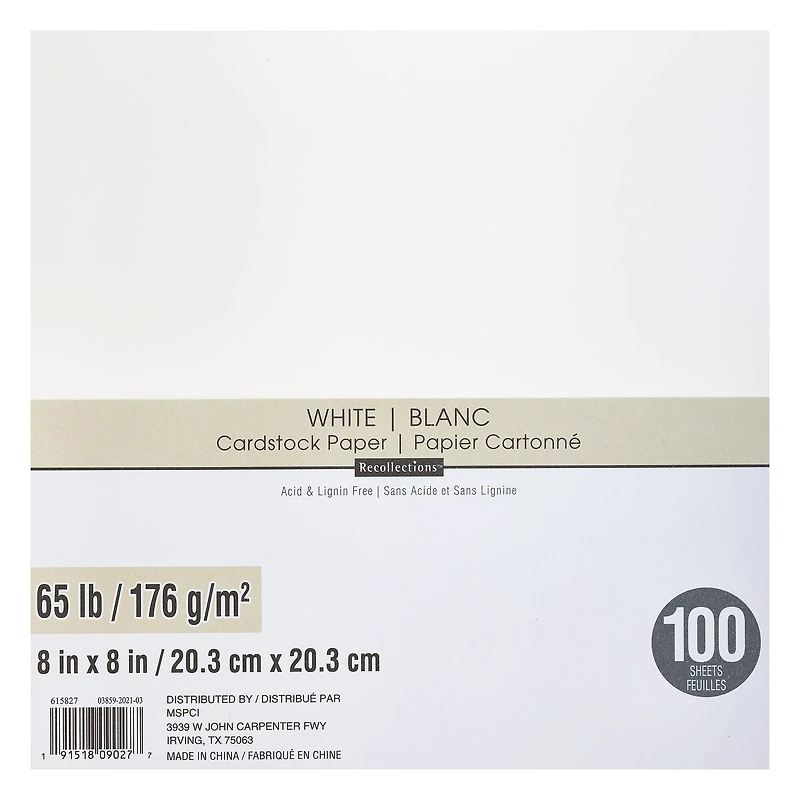 White 8" x 8" Cardstock Paper by Recollections™, 100 Sheets