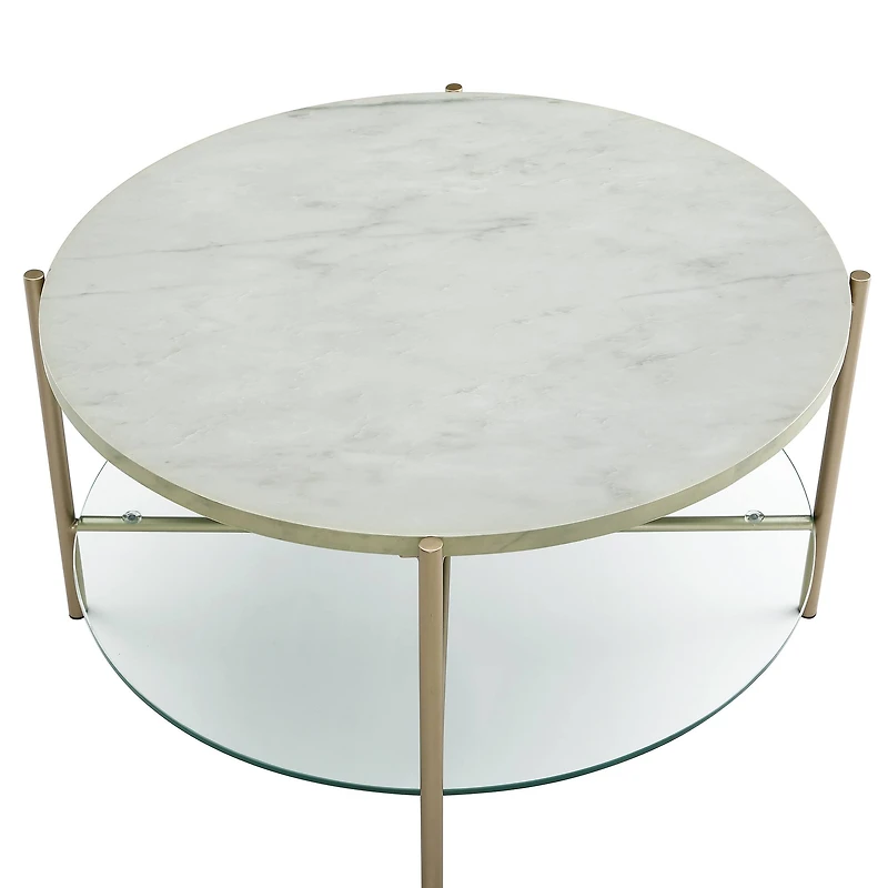 Faux White Marble, Glass & Gold Modern Round Coffee Table 
