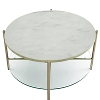 Faux White Marble, Glass & Gold Modern Round Coffee Table 