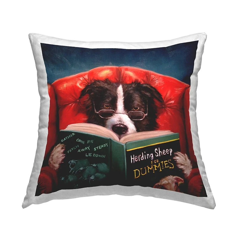 Stupell Industries Herding Sheep Dog Reading for Dummies Funny Pet Throw Pillow 18" x 18"