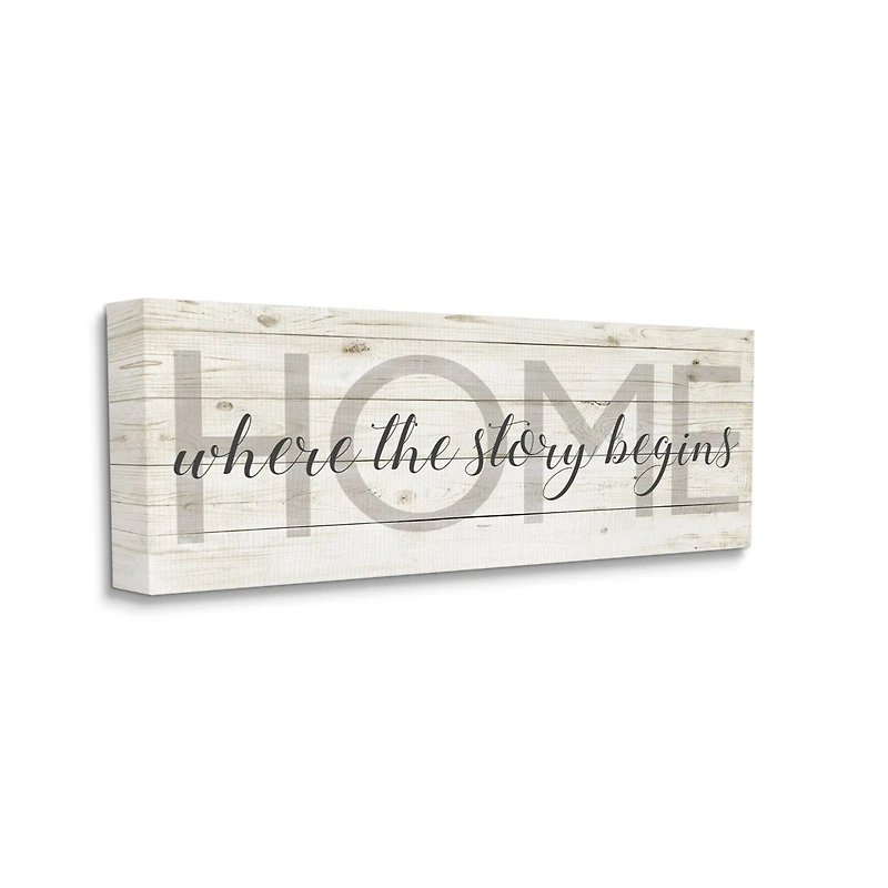 Stupell Industries Story Begins Family Home Inspirational Word Textured Wood Design Canvas Wall Art