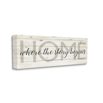 Stupell Industries Story Begins Family Home Inspirational Word Textured Wood Design Canvas Wall Art