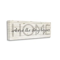 Stupell Industries Story Begins Family Home Inspirational Word Textured Wood Design Canvas Wall Art