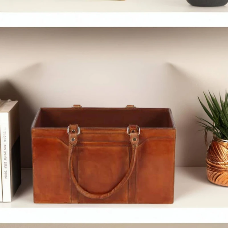 16" Brown Leather Rustic Magazine Holder