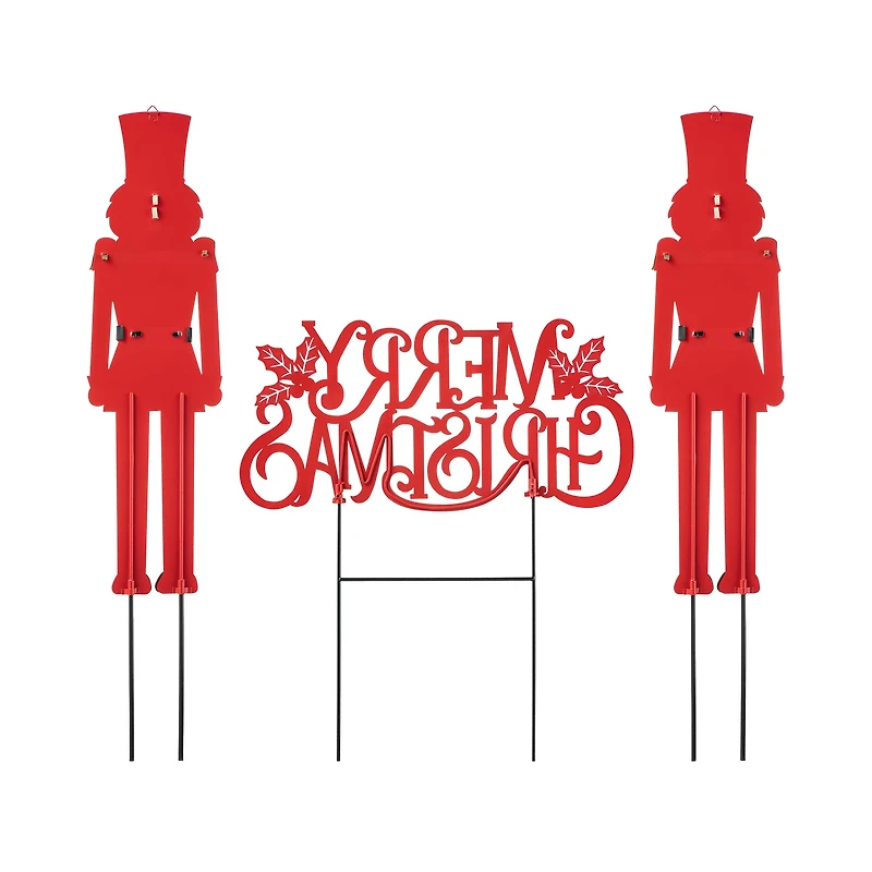 Glitzhome® Metal Nutcrackers & "MERRY CHRISTMAS" Yard Stake Set