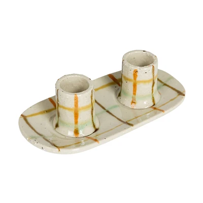 Hello Honey® 5.75" Multicolor Plaid Charm Stoneware Taper Candle Holder