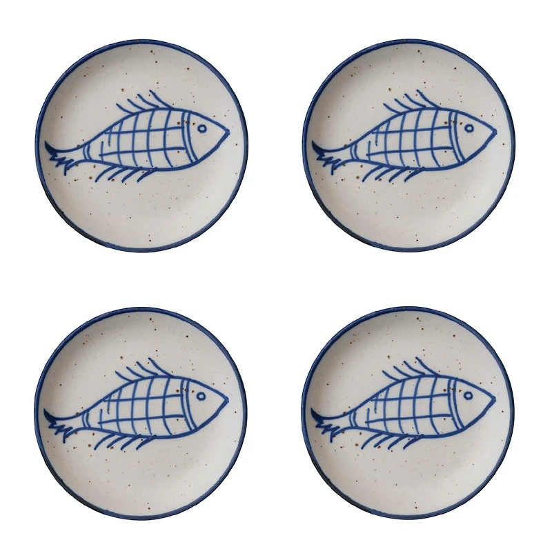 Hello Honey® 7" Blue & White Fish Design Hand Painted Stoneware Plates , 4ct.