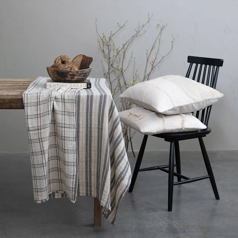 Hello Honey® 60" Cream & Charcoal Plaid Cotton Two-Sided Double Cloth Tablecloth