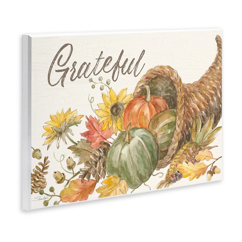 Stupell Industries Grateful Sentiment Autumn Harvest Cornucopia Pumpkins Wall Plaque Art