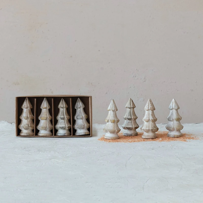 Hello Honey® 4.25" White Carved Mango Wood Christmas Trees, 4ct.