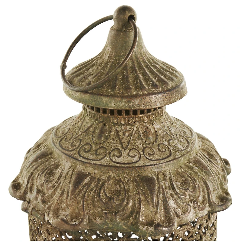 Brown Ornate Scroll Metal Candle Lantern Set