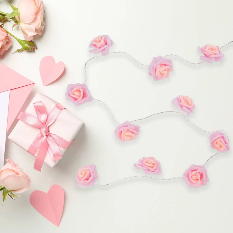 10ct. Pink Rose Flower LED String Lights with Clear Wire