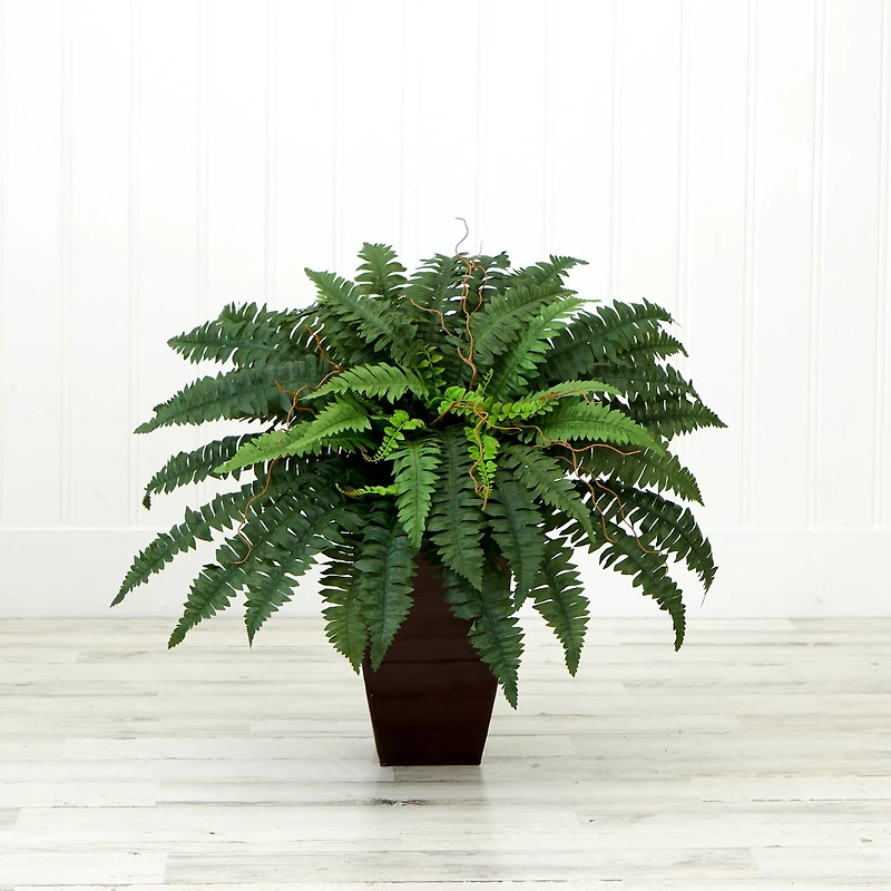 23" Artificial Boston Fern Plant with Tapered Bronze Square Metal Planter