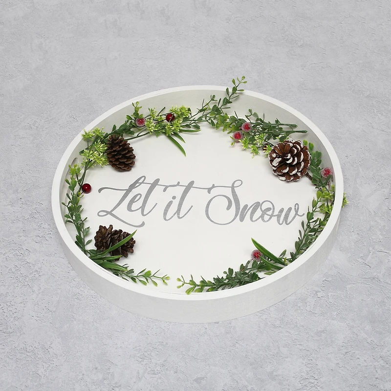 Elegant Designs™ 13.8" Round White Wash Let It Snow Serving Tray with Handles