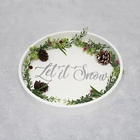 Elegant Designs™ 13.8" Round White Wash Let It Snow Serving Tray with Handles