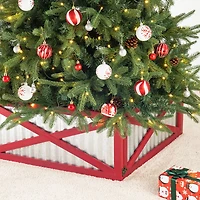 Glitzhome® Silver & Red 26" Corrugated Metal & Wooden Tree Collar