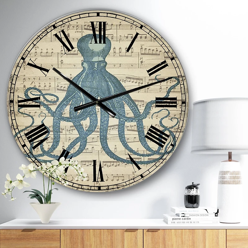 Designart 'Octopus Music Score Ii Large Nautical & Coastal Wall Clock