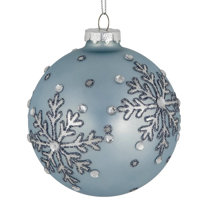 2ct. 4" Light Blue Jeweled Reflective Snowflakes Glass Ball Ornaments