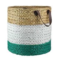 21" Beige, White & Teal Braided Wicker Basket with Handles