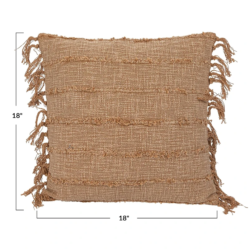 Hello Honey® 18" Beige Stonewashed Woven Cotton Slub Pillow with Pom Pom Trim & Fringe