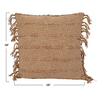 Hello Honey® 18" Beige Stonewashed Woven Cotton Slub Pillow with Pom Pom Trim & Fringe