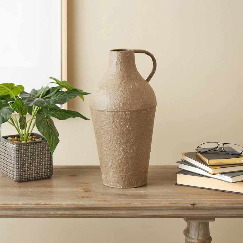 15.75" Brown Metal Antique Inspired Vase with Handle