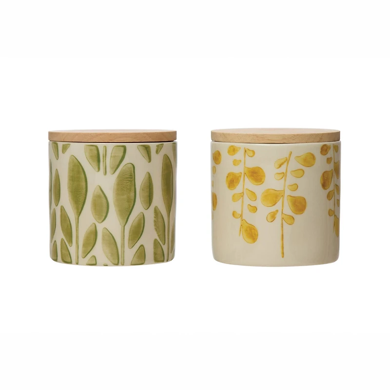 Hello Honey® 4" Hand-Stamped Floral Stoneware Jar Set with Bamboo Lids