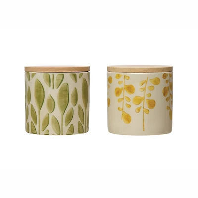 Hello Honey® 4" Hand-Stamped Floral Stoneware Jar Set with Bamboo Lids
