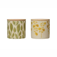 Hello Honey® 4" Hand-Stamped Floral Stoneware Jar Set with Bamboo Lids