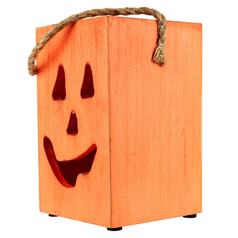 8" Large Orange Wood Jack-O-Lantern Halloween Candle Lantern