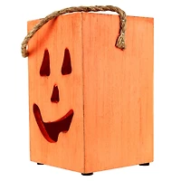 8" Large Orange Wood Jack-O-Lantern Halloween Candle Lantern