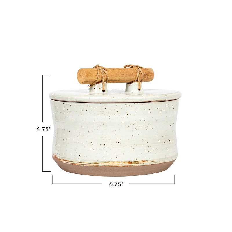 Hello Honey® 6.75" Beige Reactive Glaze Stoneware Canister with Pine Wood & Jute Handle Lid