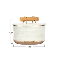 Hello Honey® 6.75" Beige Reactive Glaze Stoneware Canister with Pine Wood & Jute Handle Lid