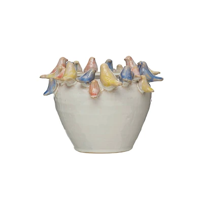 Hello Honey® 6'' Reactive Glaze Stoneware Planter with Birds on Rim