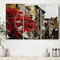 Designart Red Tree on Black & White New York City Street Industrial Multipanel Wall Clock