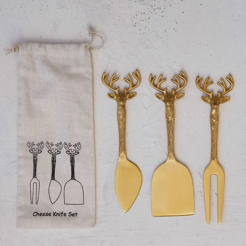 Hello Honey® 7" Brass Reindeer Handle Cheese Knives Set