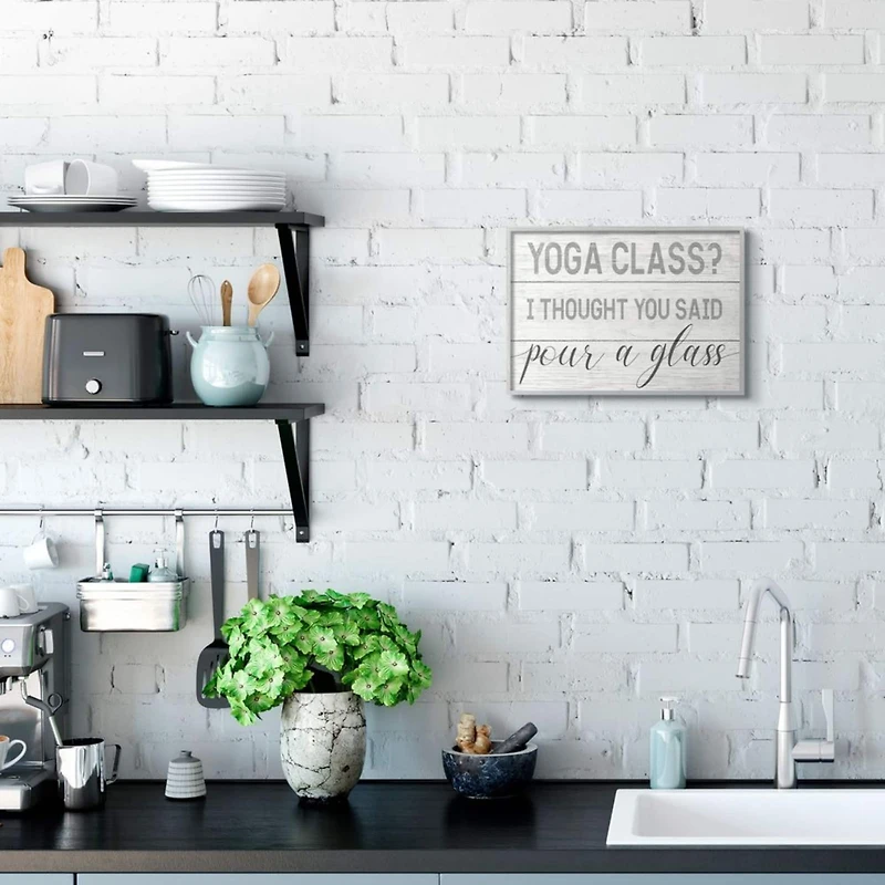 Stupell Industries Yoga Class or Pour A Glass Wall Art in Gray Frame