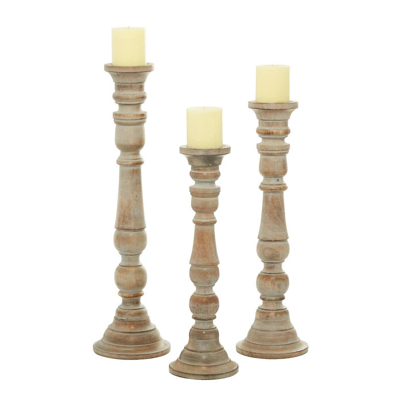 Light Brown Mango Wood Traditional Candle Holder Set, 3ct.