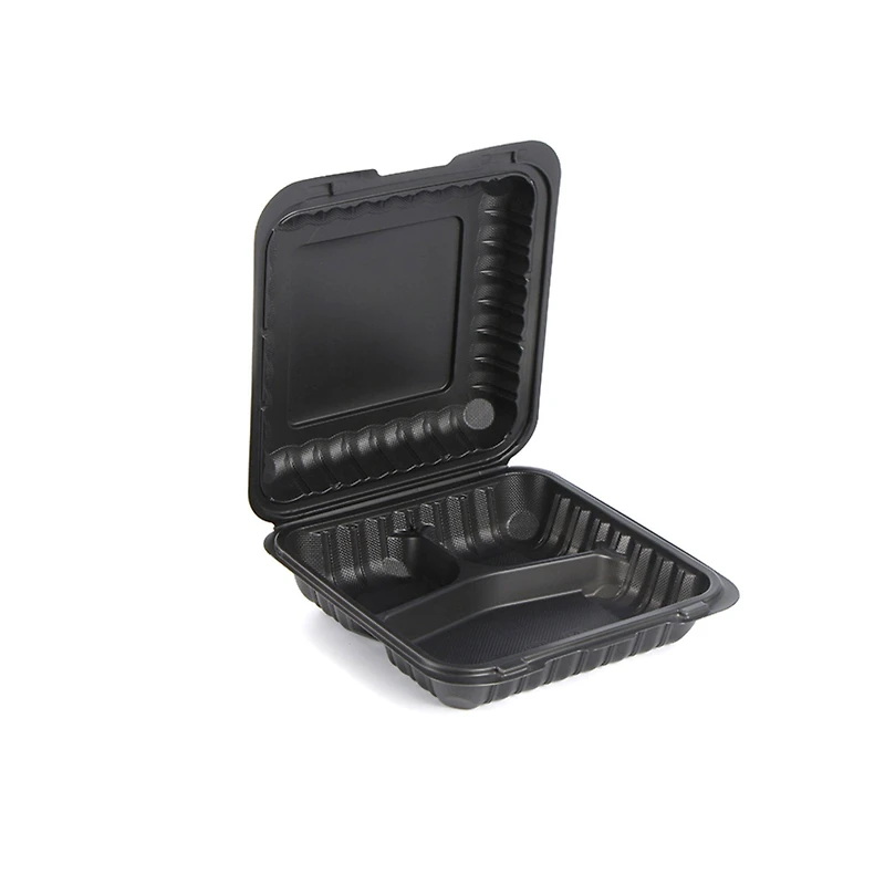 9" Black 3-Compartment Clamshell Take Out Containers, 150ct.