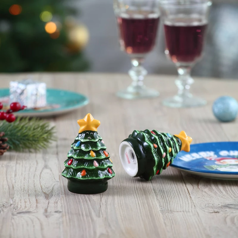 3.75" Green Ceramic Christmas Tree Salt & Pepper Shakers