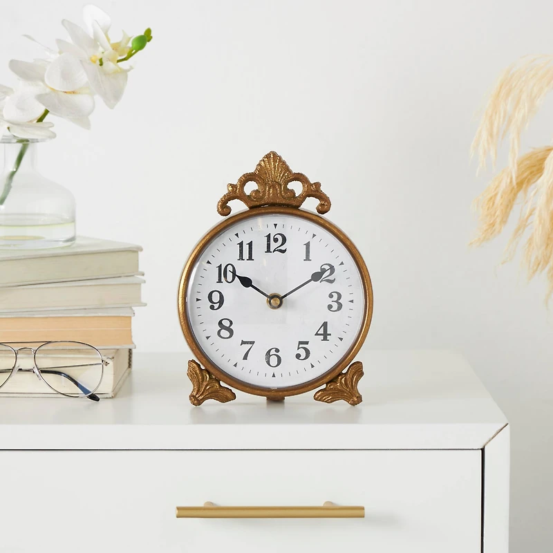 9" Gold Metal Scroll Antique Style Clock