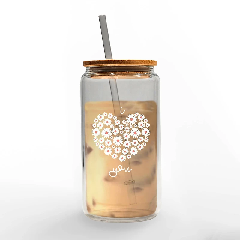 16oz. Daisy Heart Love Glass Can Cup