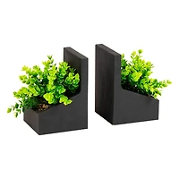 Mind Reader Contemporary Planter Bookends, Book Holders with Faux Greenery, Decorative Desktop or Shelf Organizer, Cement, Set of 2, Black