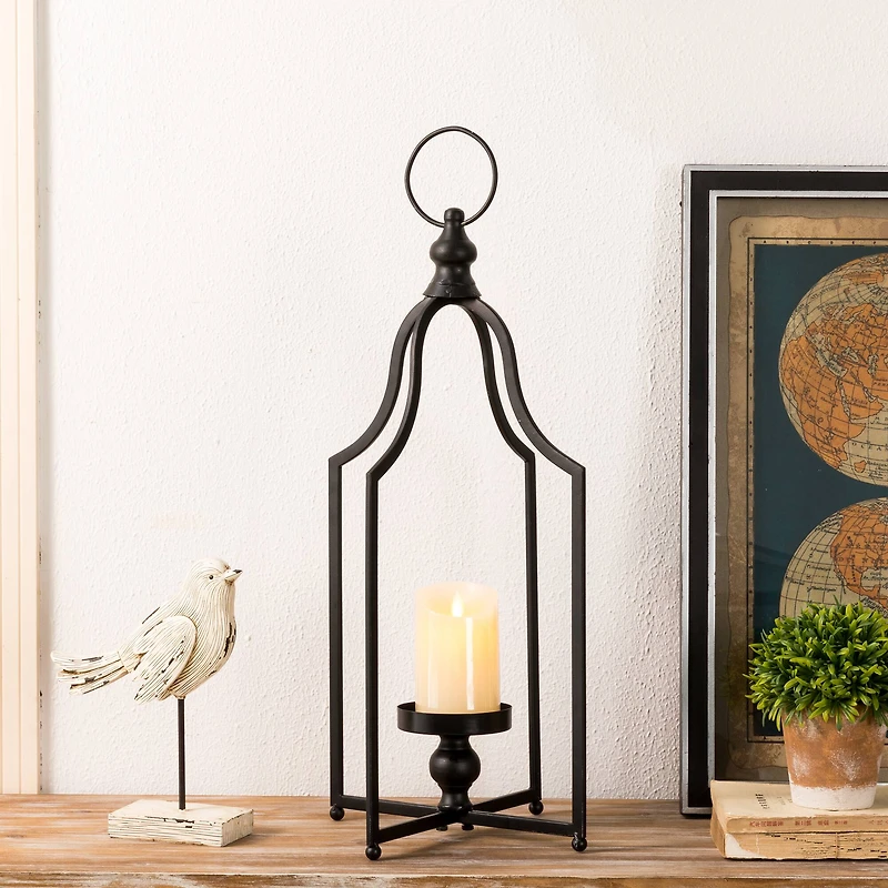 22" Modern Farmhouse Black Metal Candle Lantern
