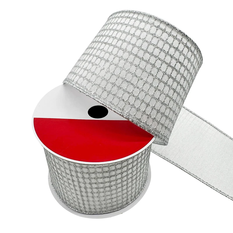 3.5" x 15ft. Cream & Silver Glitter Grid Wired Ribbon by Celebrate It®