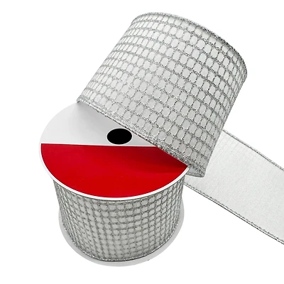 3.5" x 15ft. Cream & Silver Glitter Grid Wired Ribbon by Celebrate It®